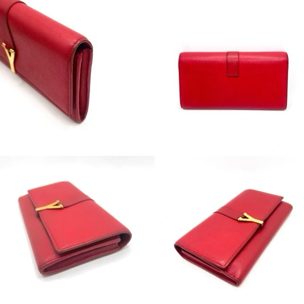 Authentic YSL Yves Saint Laurent Red Leather Classic Y-Ligne Wallet W/ Care Card